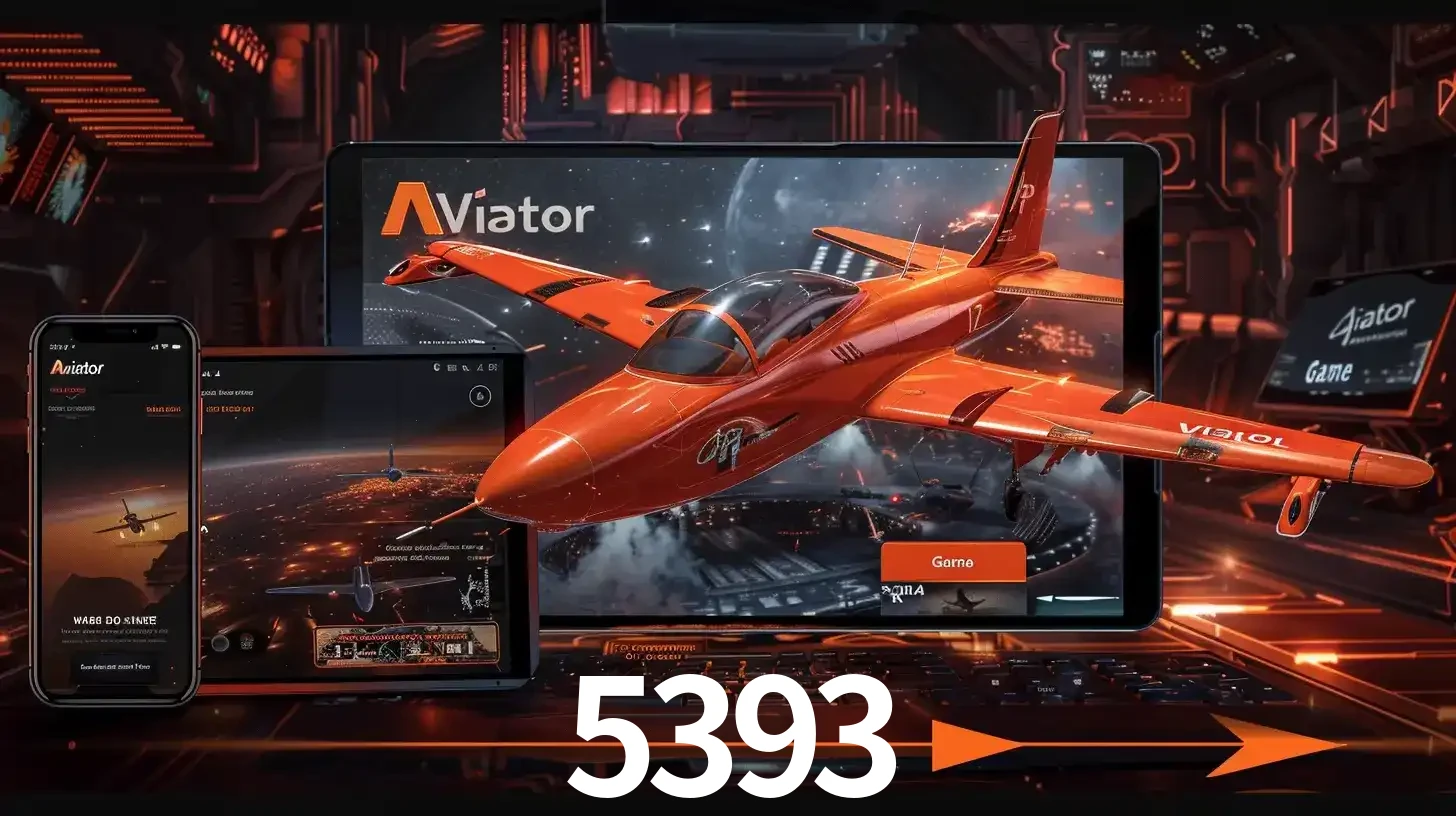 Apresentação tecnológica do jogo Aviator com um avião saindo da tela de um tablet, demonstrando a experiência imersiva em múltiplos dispositivos no 5393.