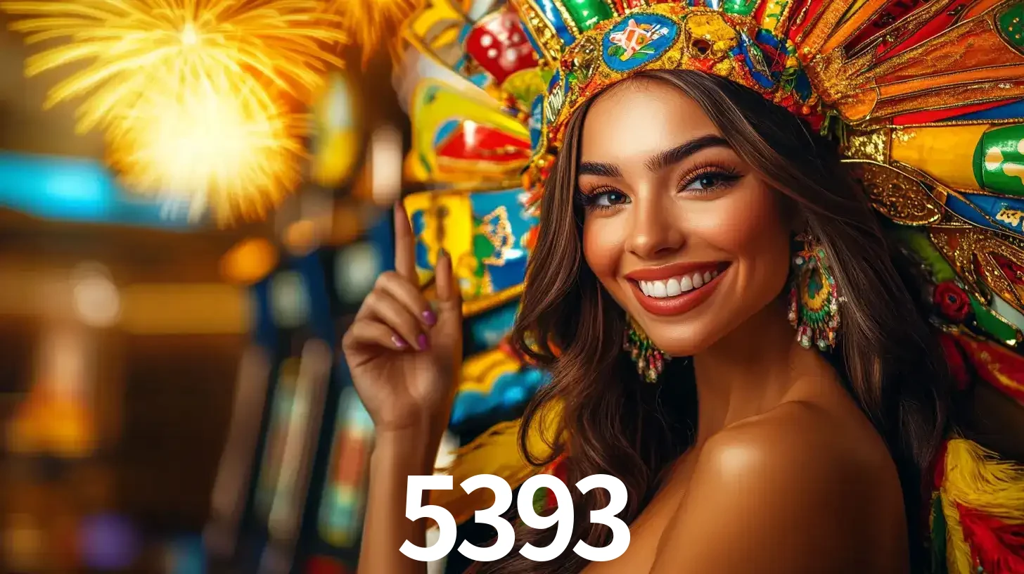 Mulher sorridente com um cocar de carnaval vibrante e colorido, celebrando uma grande vitória nos jogos do cassino 5393 com fogos de artifício ao fundo.