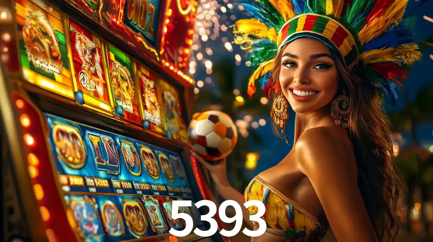 Mulher com um cocar de carnaval ao lado de uma máquina de caça-níqueis enquanto segura uma bola de futebol, mostrando a união da diversão de cassino e esportes no 5393.