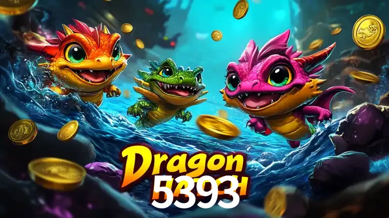 Arte promocional do jogo Dragon Hatch com três adoráveis dragões bebês nadando entre moedas de ouro, um dos slots mais divertidos para jogar no cassino 5393.