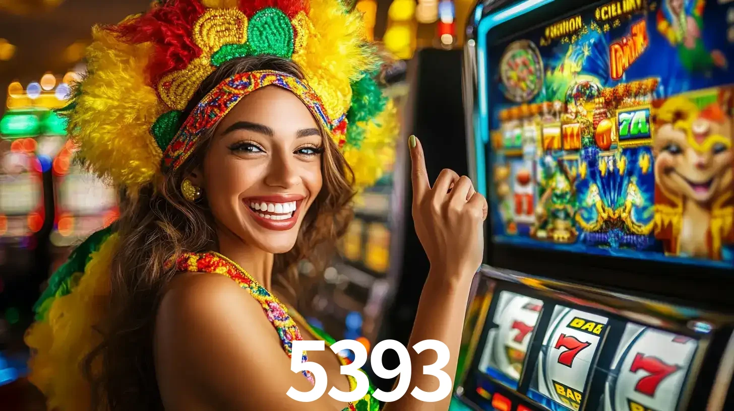 Mulher animada com um cocar de carnaval apontando para uma máquina de caça-níqueis, mostrando a emoção de ganhar um grande prêmio nos jogos do 5393.