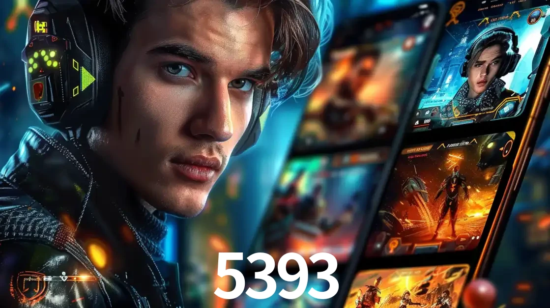Jovem jogador com fones de ouvido olhando para a câmera, com um aplicativo de jogos e e-sports para celular ao fundo, pronto para a competição e apostas no 5393.