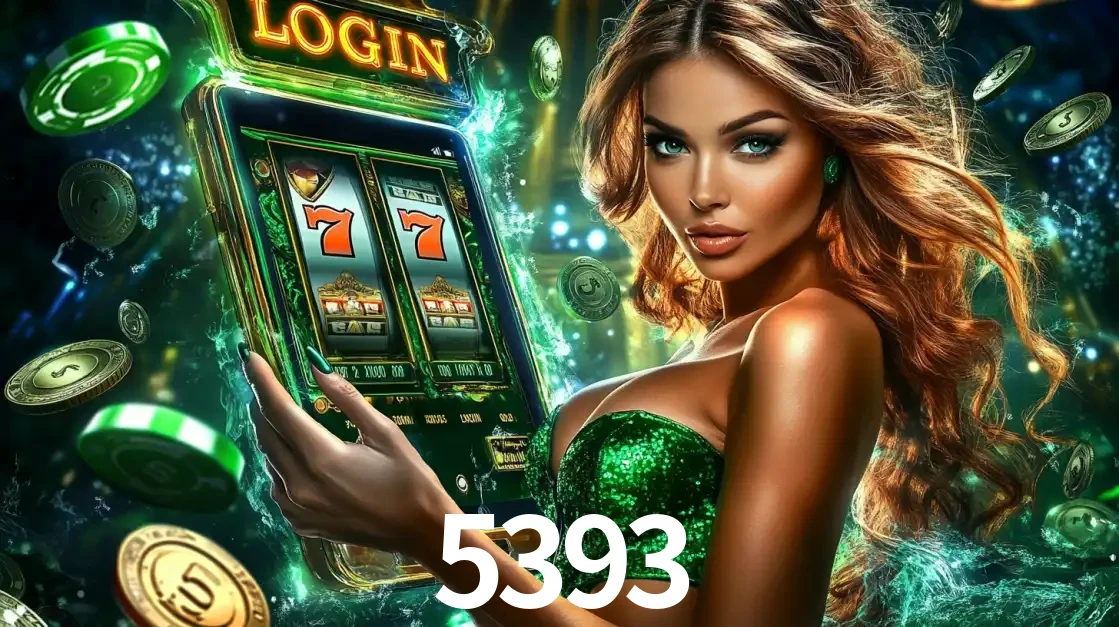Mulher com tema verde apresentando o aplicativo do cassino 5393 com um jogo de slot de 777, cercada por fichas de cassino e uma aura de sorte.