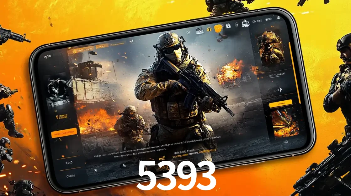 Um smartphone exibindo a interface de um jogo de tiro em primeira pessoa, com um soldado em um cenário de batalha, representando a ação dos e-sports para apostar no 5393.