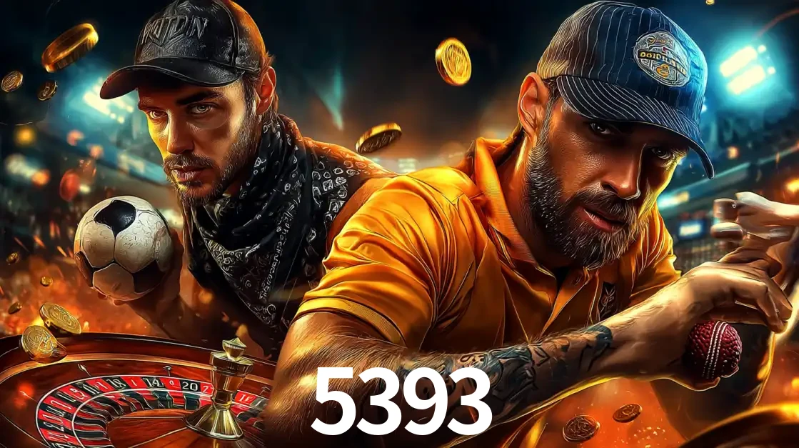 Montagem de apostas esportivas e cassino no 5393, com um homem segurando uma bola de futebol e outro uma de beisebol sobre uma roleta e moedas voadoras.