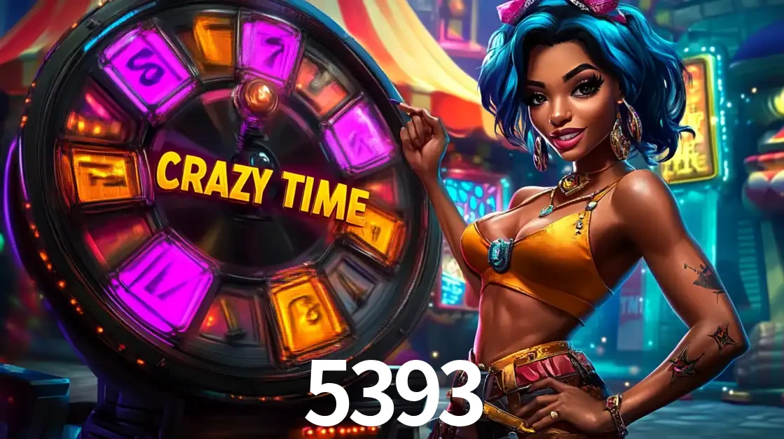 Mulher estilizada com cabelo azul e visual vibrante posando ao lado da roda de prêmios do game show Crazy Time, convidando para a diversão e os bônus do cassino 5393.