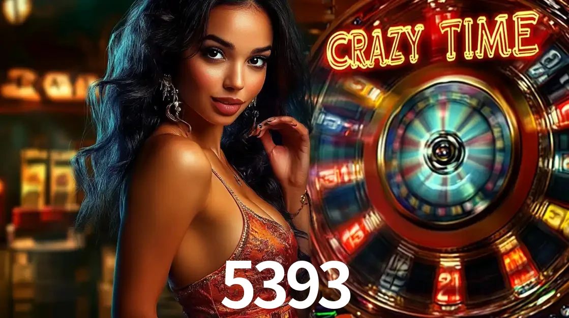 Mulher elegante ao lado da vibrante roda da fortuna do jogo de cassino ao vivo Crazy Time, um dos game shows mais populares e cheios de prêmios do 5393.