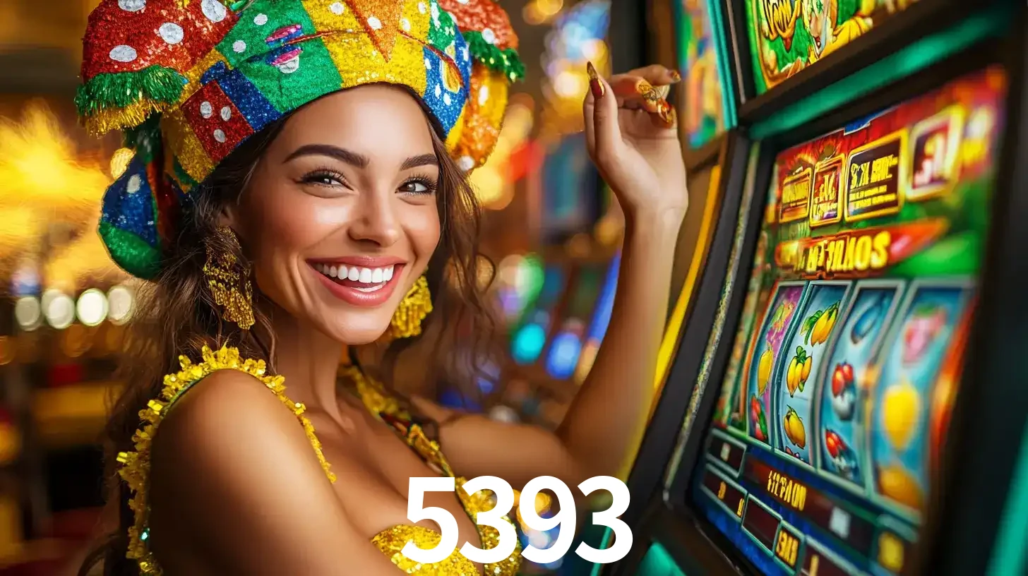 Mulher feliz com traje de carnaval amarelo e colorido ao lado de uma máquina de caça-níqueis, aproveitando a diversão e os jogos temáticos do cassino 5393.