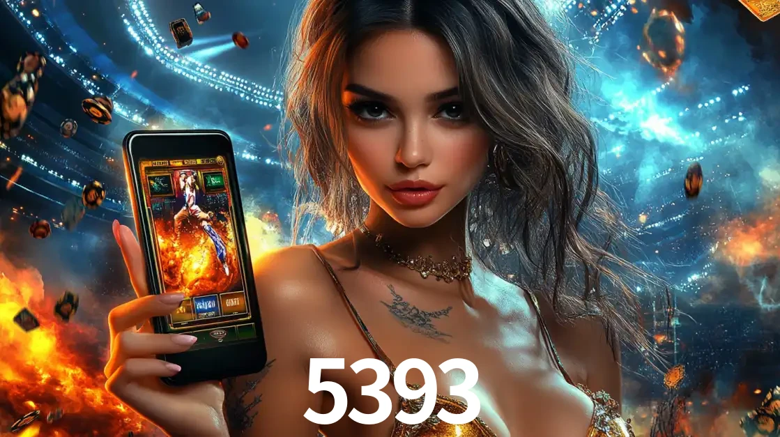Mulher segurando um celular com um jogo de slot em destaque, tendo como fundo um estádio vibrante, simbolizando a emoção de jogar no cassino móvel 5393.