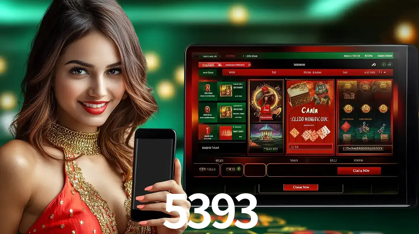 Mulher sorridente segurando um smartphone, ao lado de uma tela exibindo o lobby de jogos do cassino online 5393, com várias opções de jogos de cartas e slots.